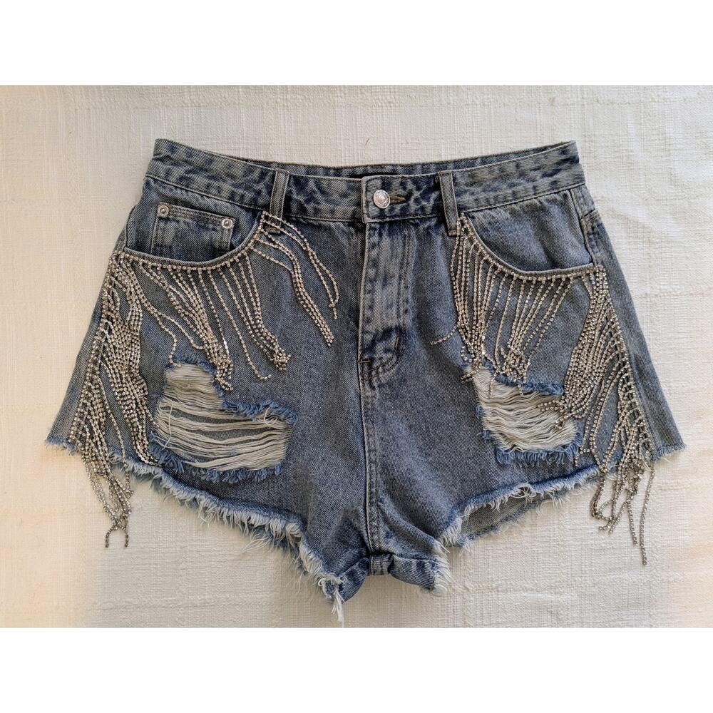 Distressed Denim Mini Shorts with Crystal Fringe by White Fox